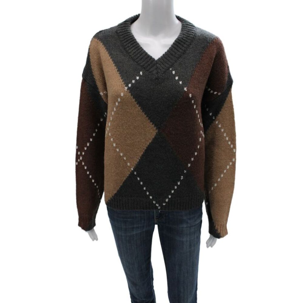 Line And Dot Unisex Brown Argyle V-Neck Pullover Sweater Size M